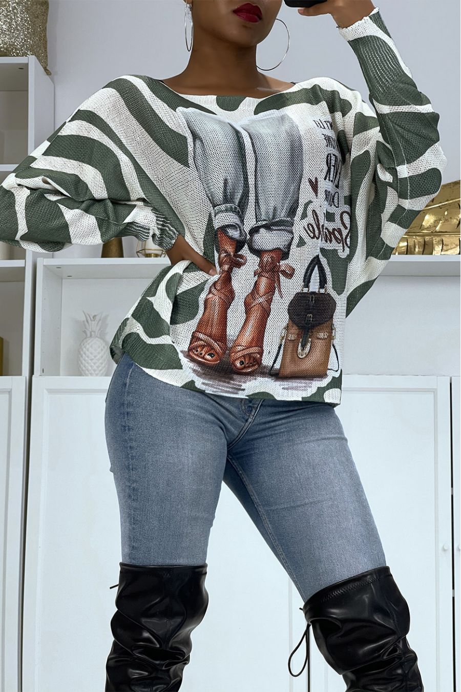 Pull léger oversize vert à imprimé dessin femme fashion  - 1