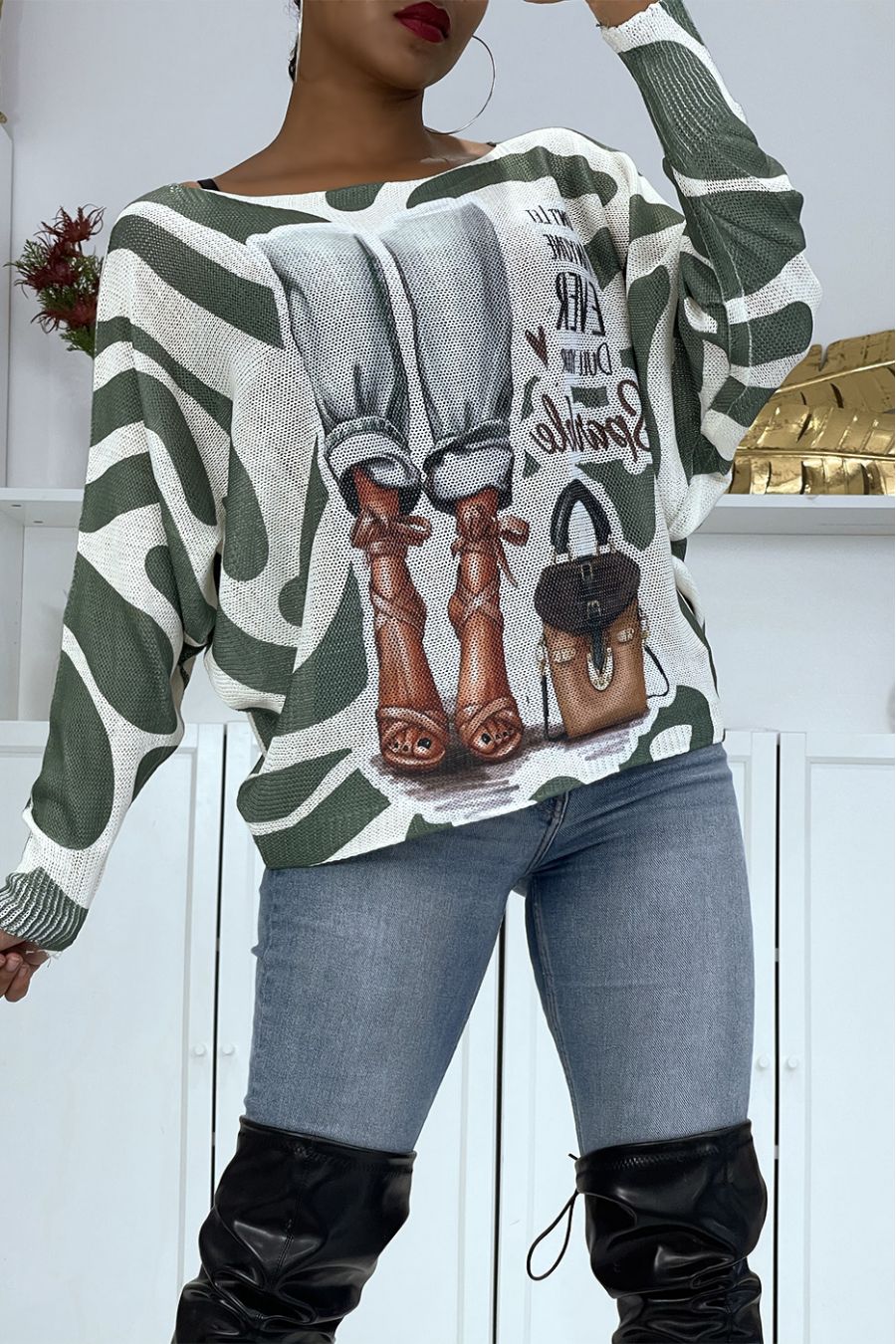 Pull léger oversize vert à imprimé dessin femme fashion  - 4