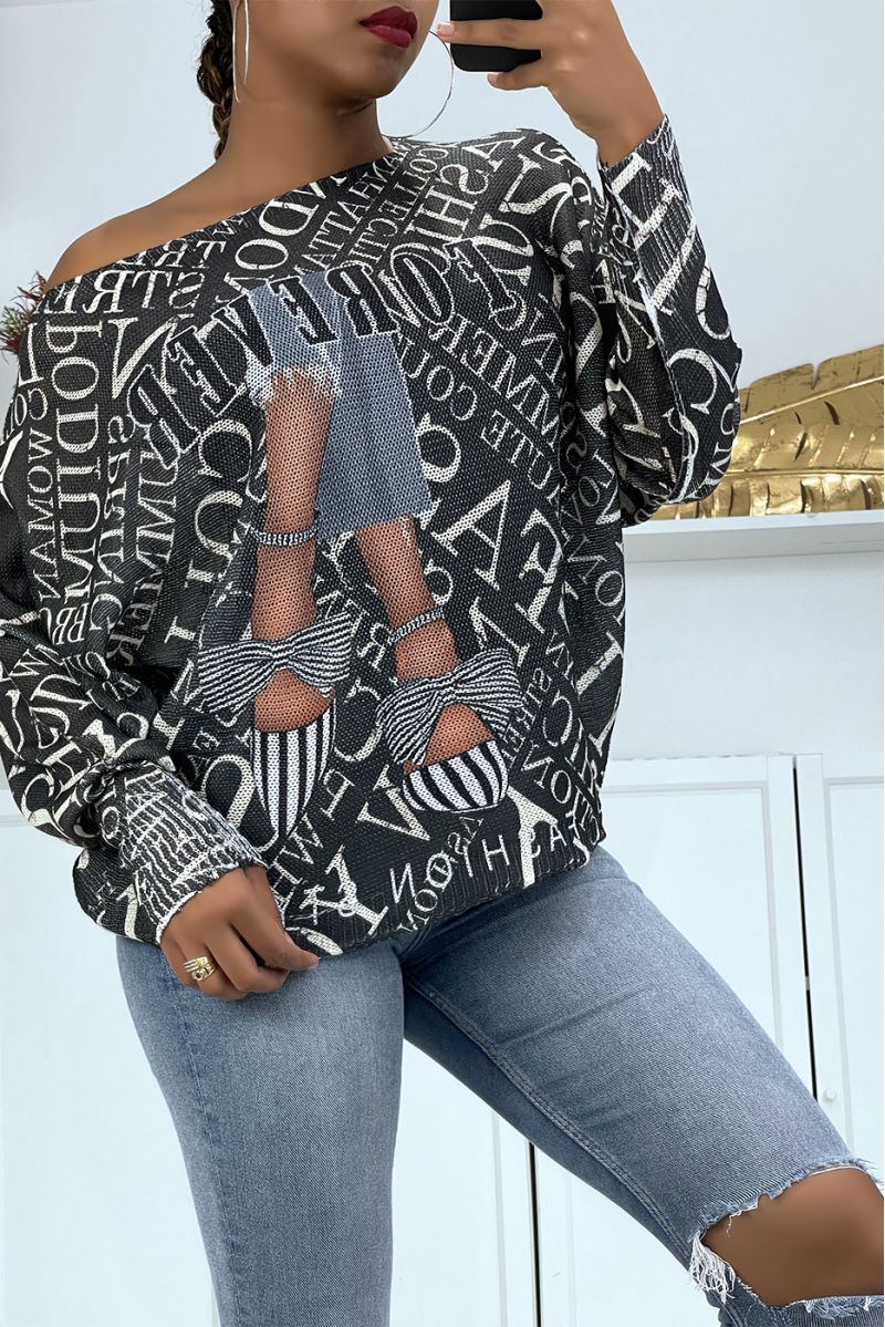 Lichte oversized zwarte trui met modetijdschriftprint  - 4