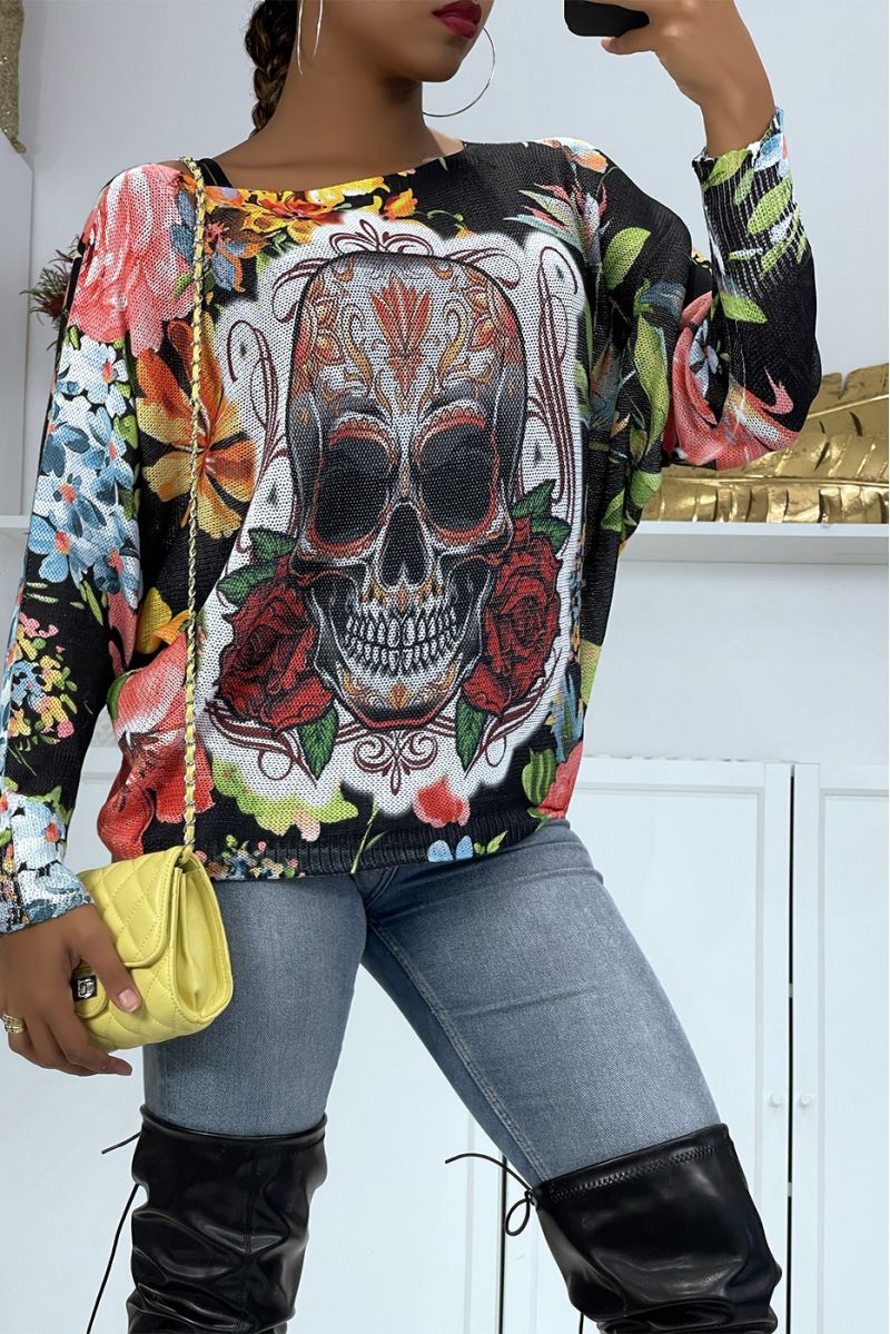 Lightweight black oversized sweater with skull and roses print  - 1
