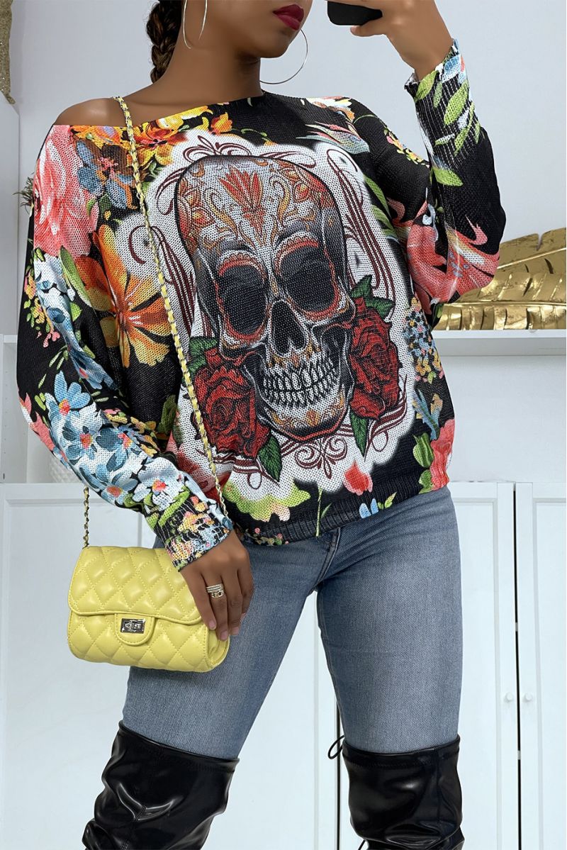 Lightweight black oversized sweater with skull and roses print  - 2