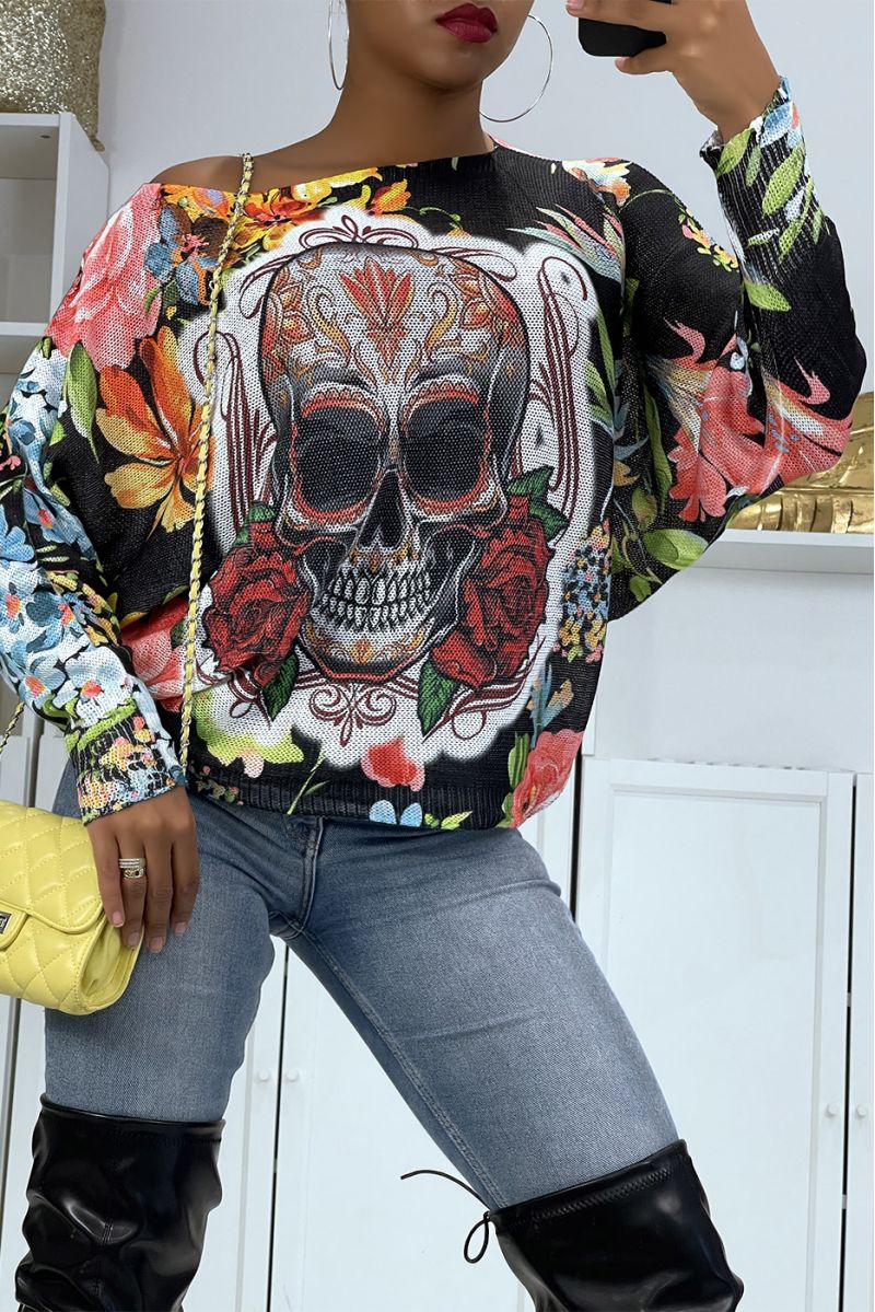 Lightweight black oversized sweater with skull and roses print  - 3