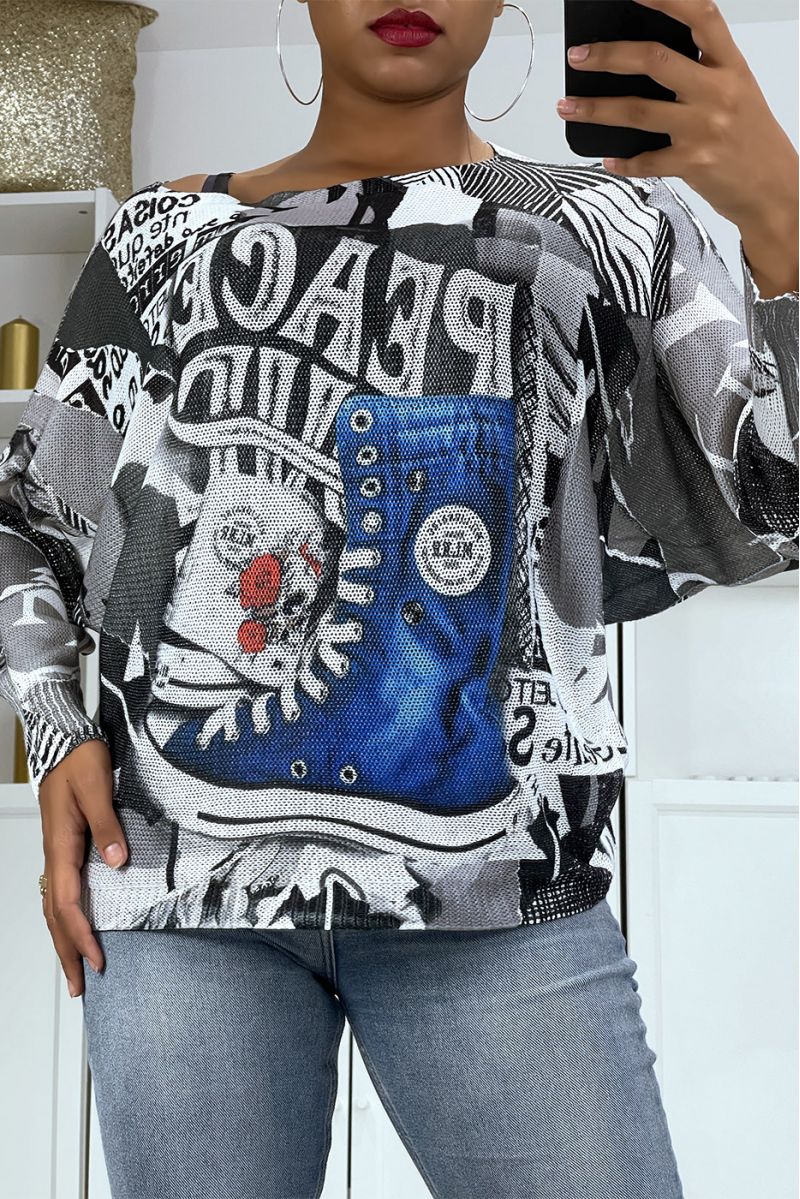 Lichtgrijze oversized trui met modetijdschrift print - 2 Lichtgrijze oversized trui met modetijdschrift print - 2