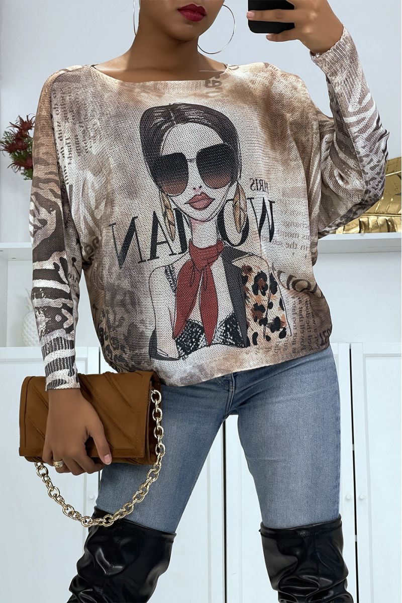 Lichte oversized taupe trui met fashionista design print   - 1