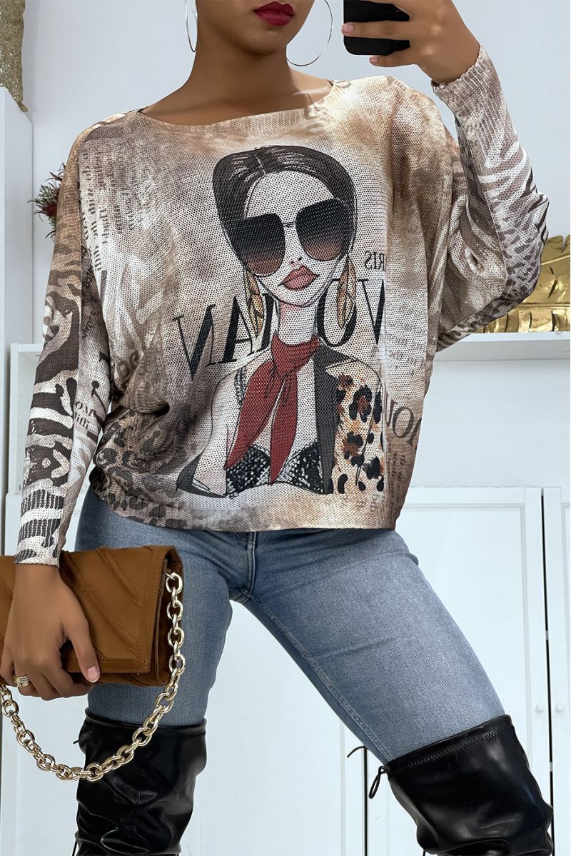 Lichte oversized taupe trui met fashionista design print   - 4