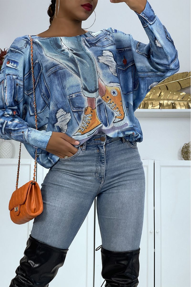 Pull léger oversize bleu à imprimé jeans fashion - 1