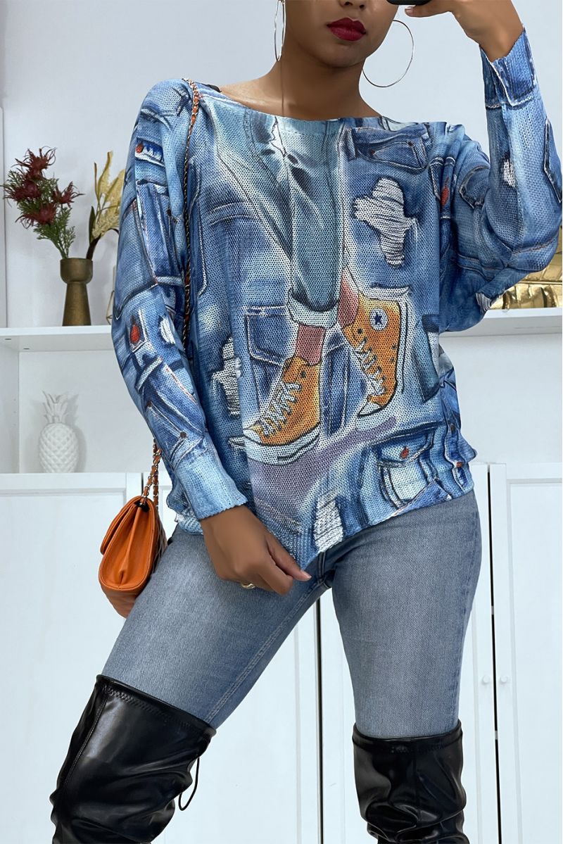 Pull léger oversize bleu à imprimé jeans fashion - 3
