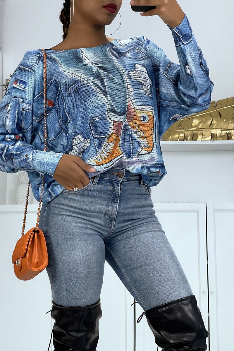 Pull léger oversize bleu à imprimé jeans fashion - 4