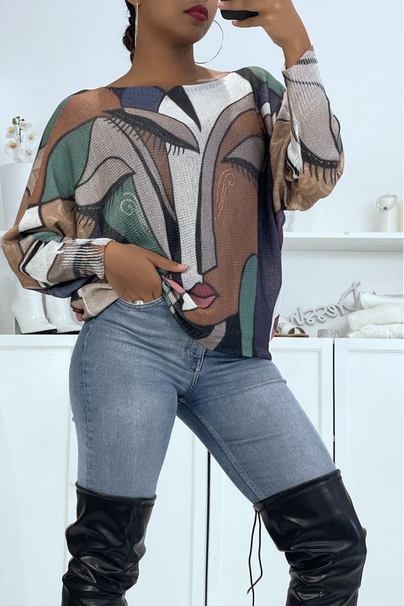 Lightweight oversized sweater with taupe art print - 3