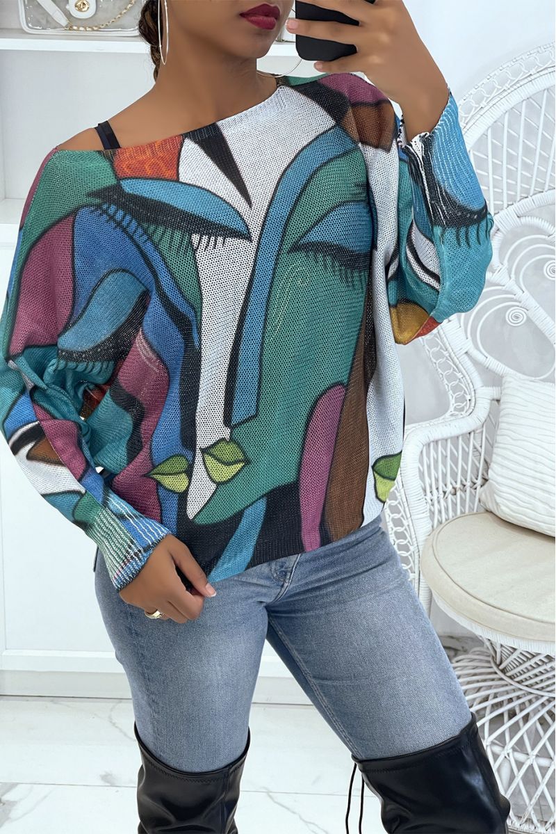 Lightweight oversized sweater with green and blue art print   - 1