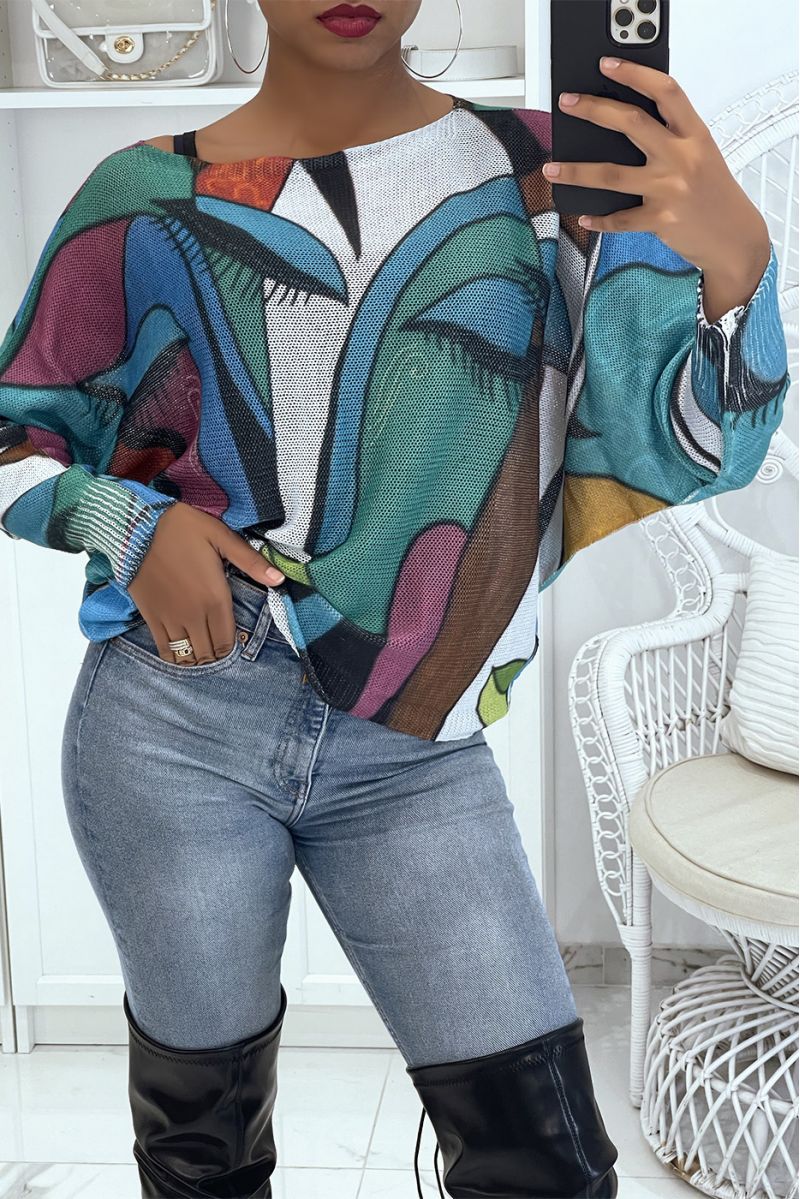 Lightweight oversized sweater with green and blue art print   - 3