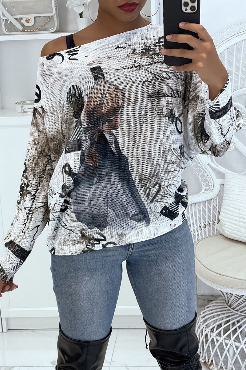 Women's oversized lightweight sweater with drawing print   - 2