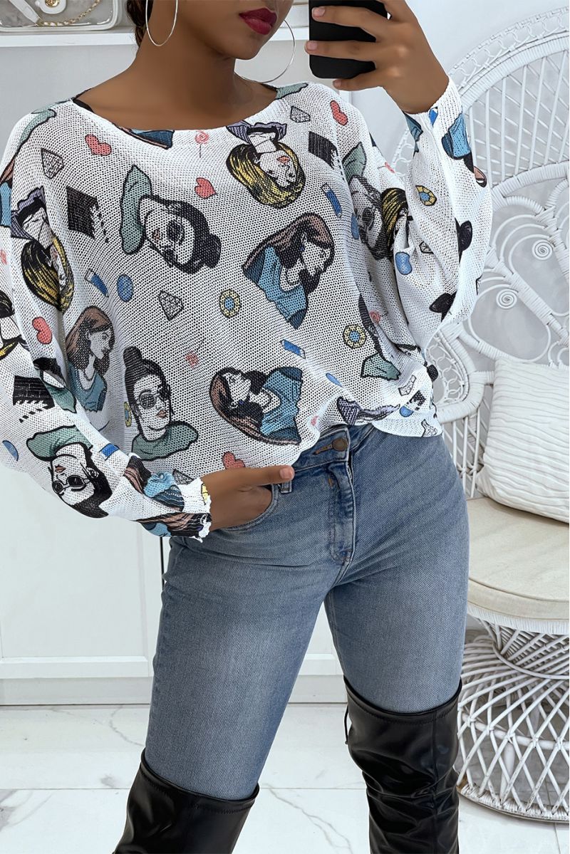 Lightweight oversized white sweater with women's drawing print   - 1