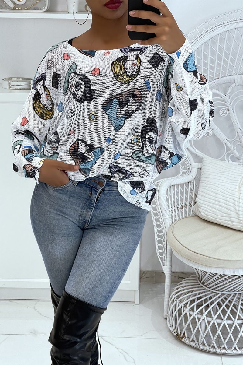 Lightweight oversized white sweater with women's drawing print   - 3