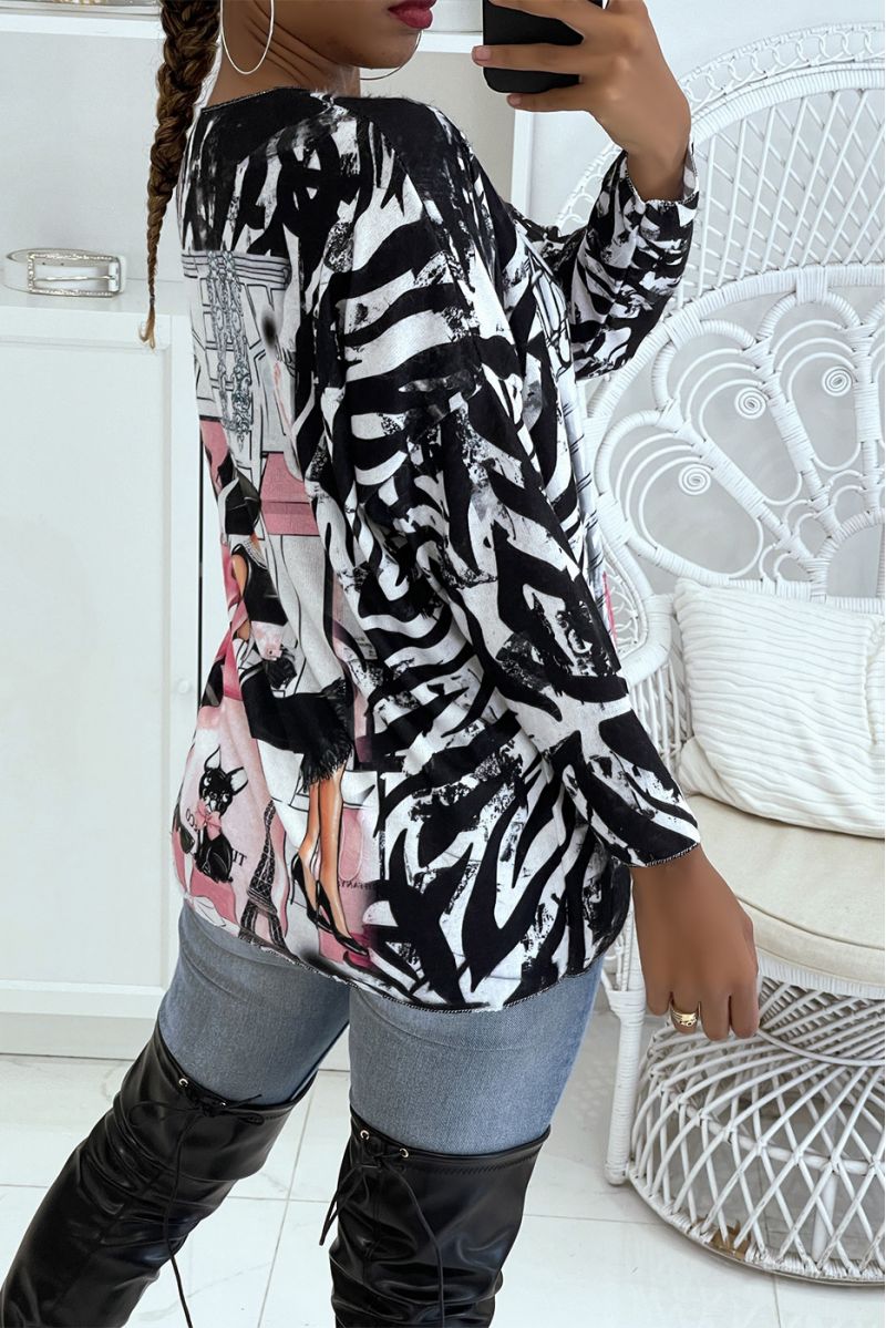 Pull léger oversize très doux noir et blanc à imprimé femmes chics   - 2