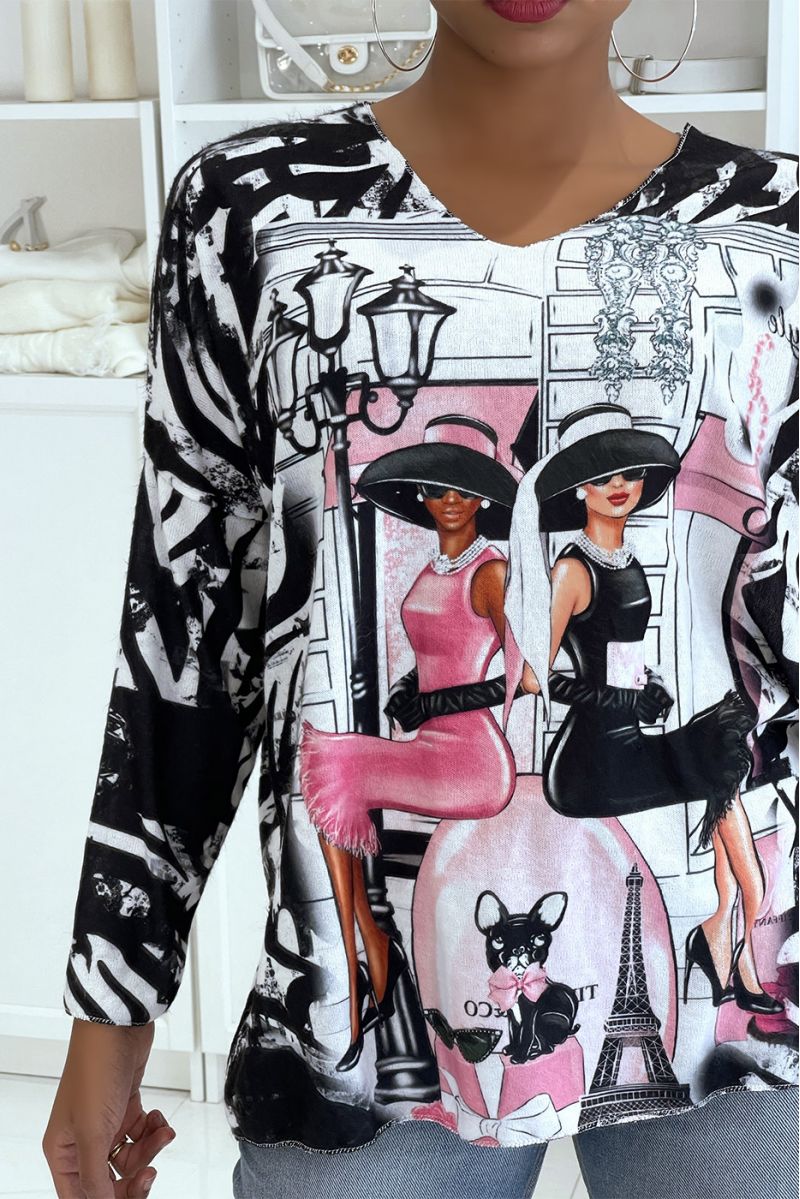 Pull léger oversize très doux noir et blanc à imprimé femmes chics   - 3