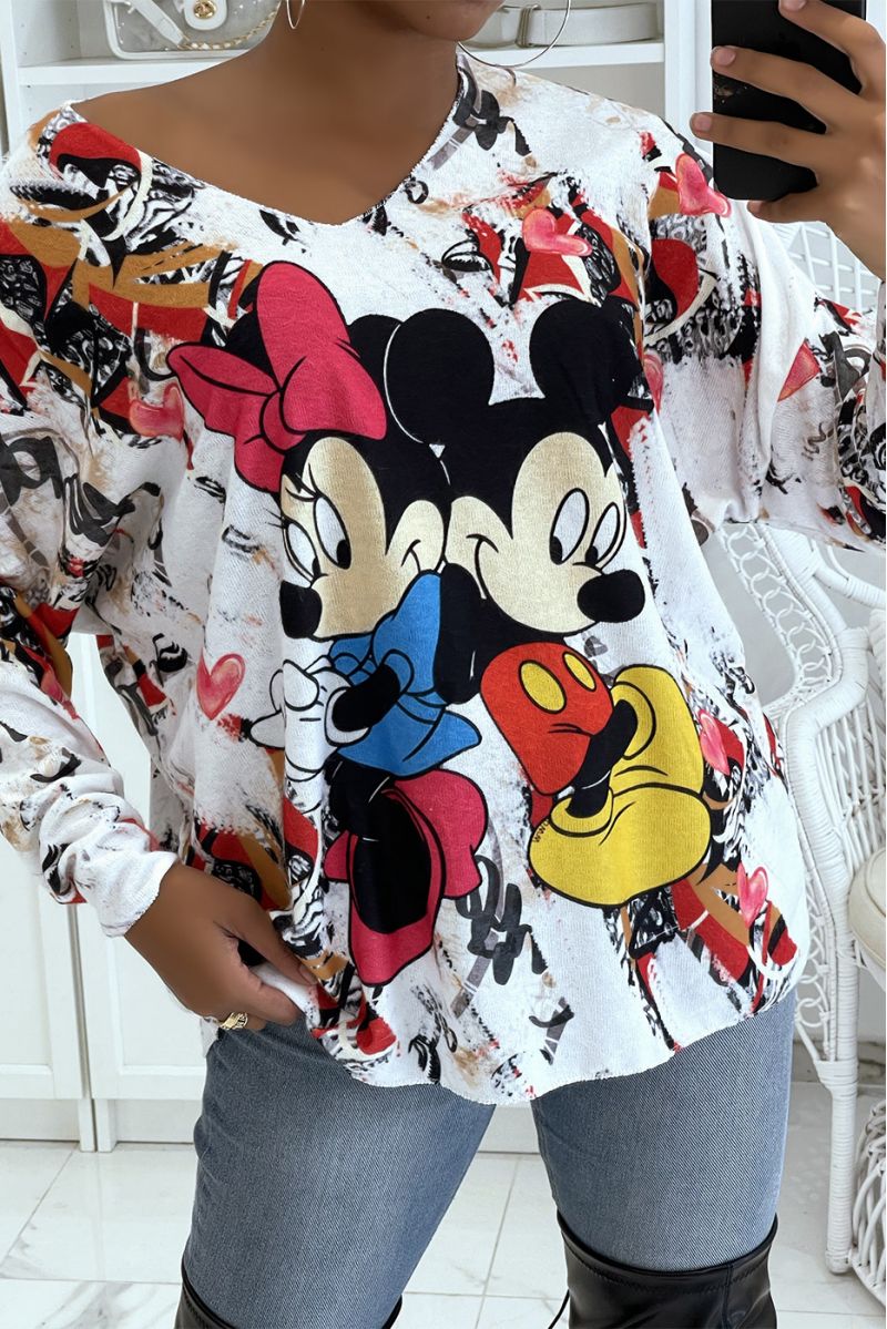 Pull léger oversize très doux blanc à imprimé Mickey et Minnie  - 2