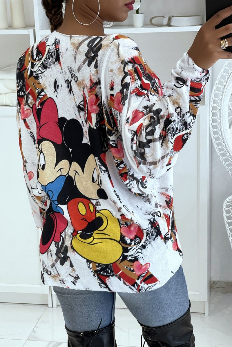 Pull léger oversize très doux blanc à imprimé Mickey et Minnie  - 3