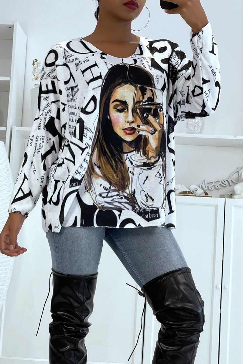 Pull léger oversize très doux blanc à imprimé Femme avec verre de vin - 1