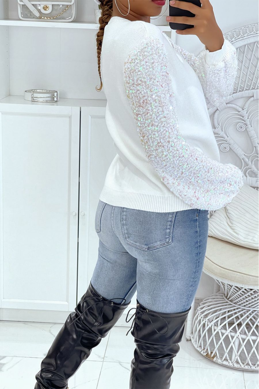 Pull blanc très doux à manche doublé de dentelle et sequin - 3