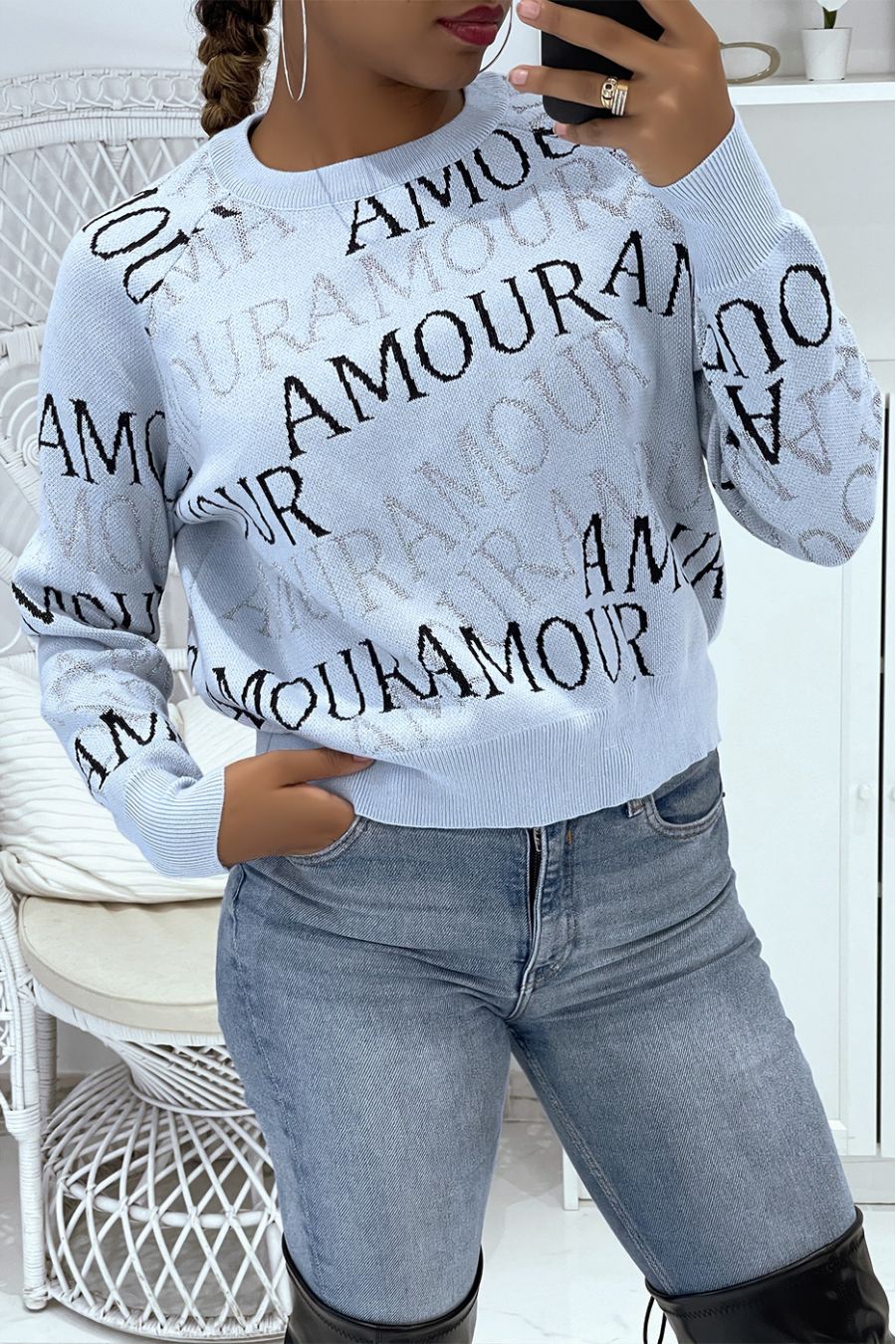 Blue sweater with love writing - 2