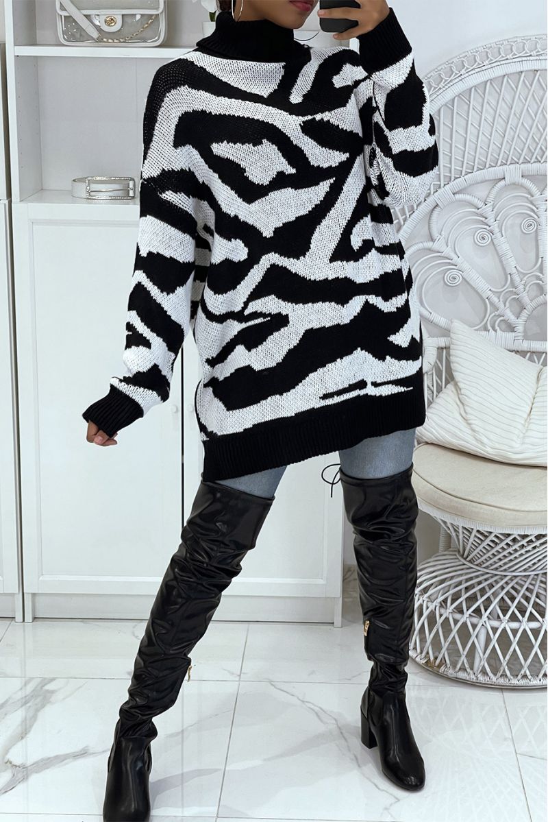 Zwarte sweaterjurk met coltrui en zebraprint - 3