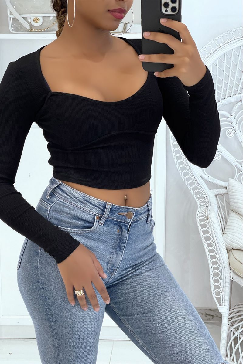 Black ribbed crop top with heart-shaped neckline - 1