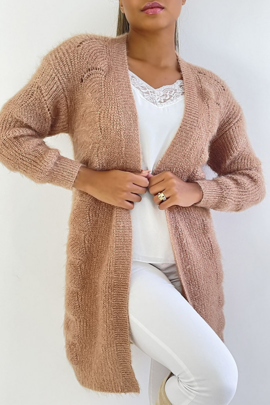 Camel mid-length cardigan with sequined mesh effect long straight fit - 9