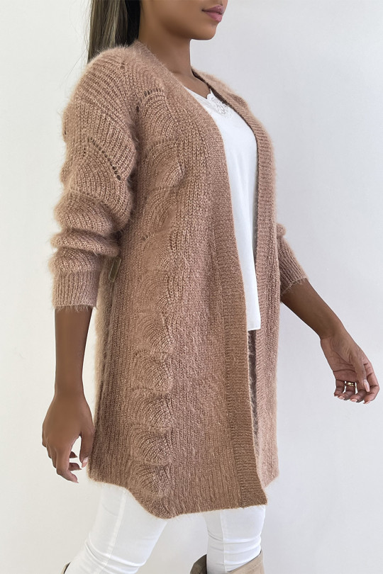 Camel mid-length cardigan with sequined mesh effect long straight fit - 6