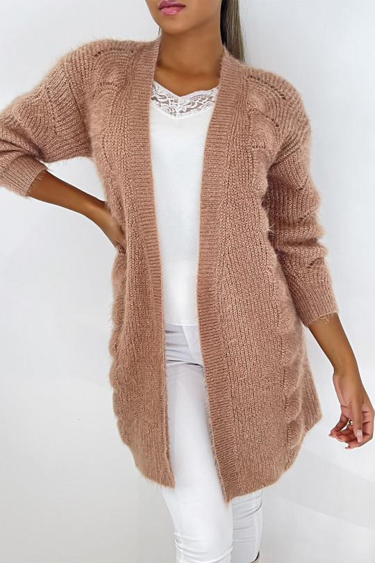 Camel mid-length cardigan with sequined mesh effect long straight fit - 7