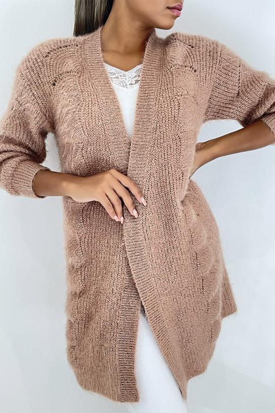 Camel mid-length cardigan with sequined mesh effect long straight fit - 10