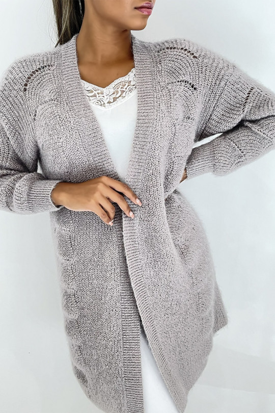 Mid-length taupe cardigan with glittery knit effect, long sleeves, straight fit - 1