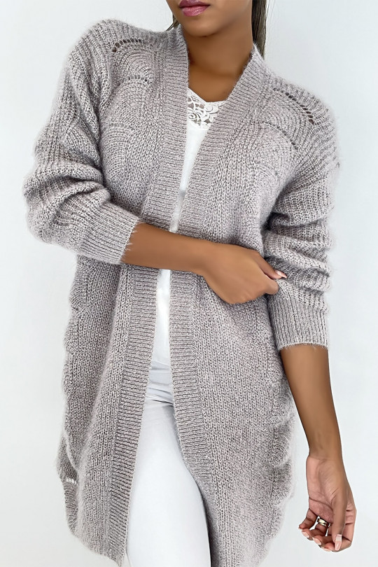 Mid-length taupe cardigan with glittery knit effect, long sleeves, straight fit - 5