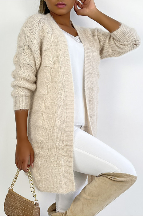 Gilet mi long beige effet maille paillete manches longues coupe droite