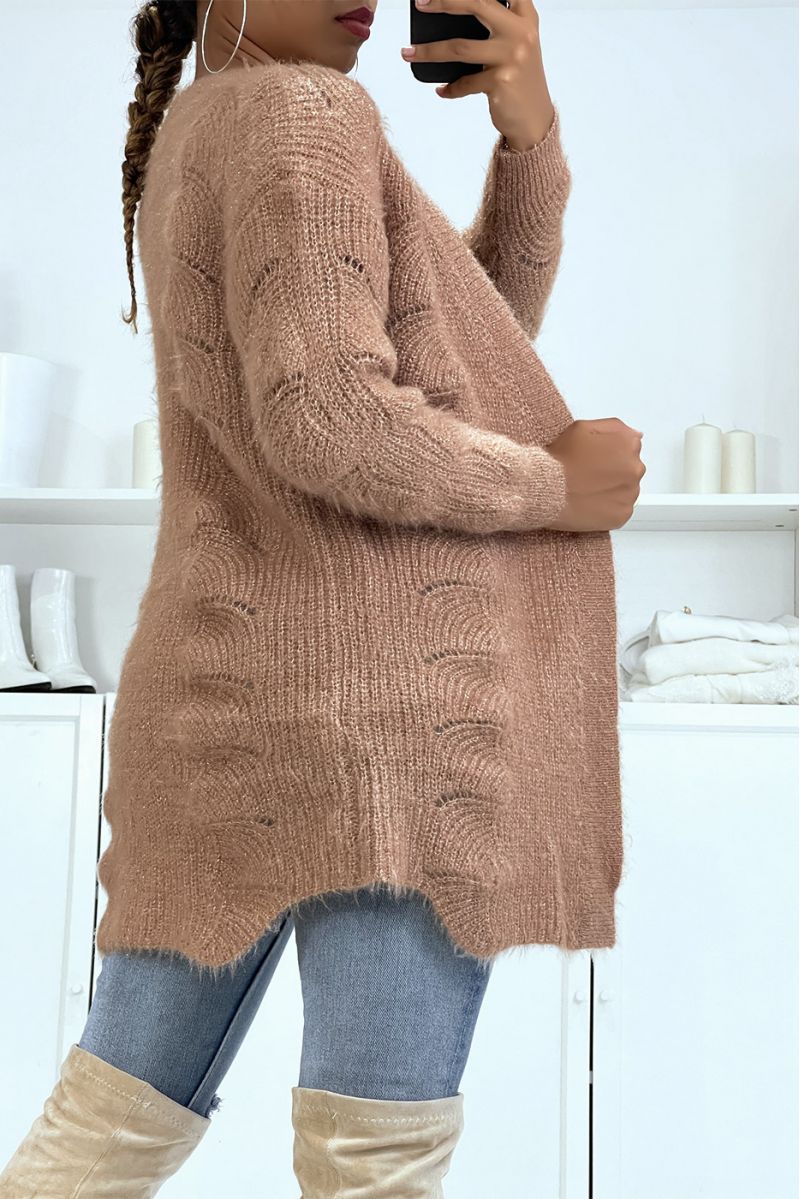 Camel mid-length cardigan with sequined mesh effect long straight fit - 3