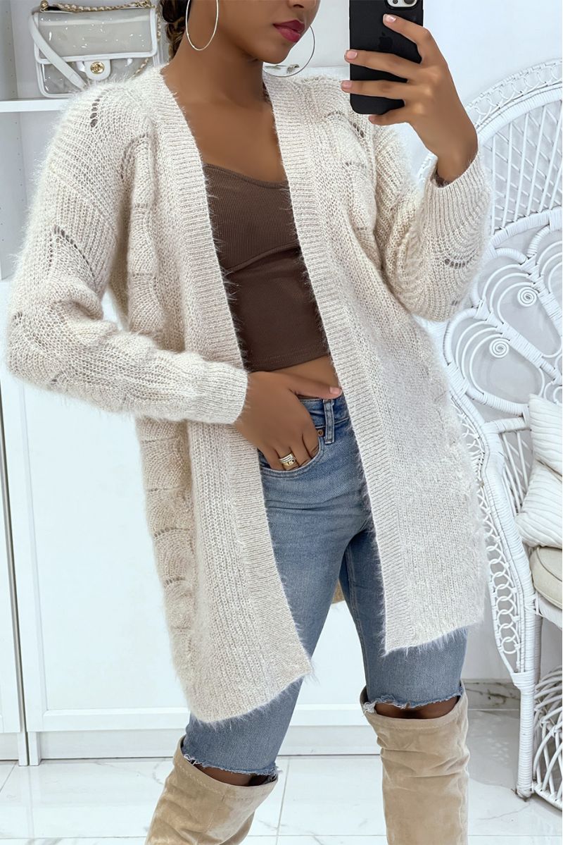 Beige mid-length cardigan with glittery mesh effect, long sleeves, straight fit