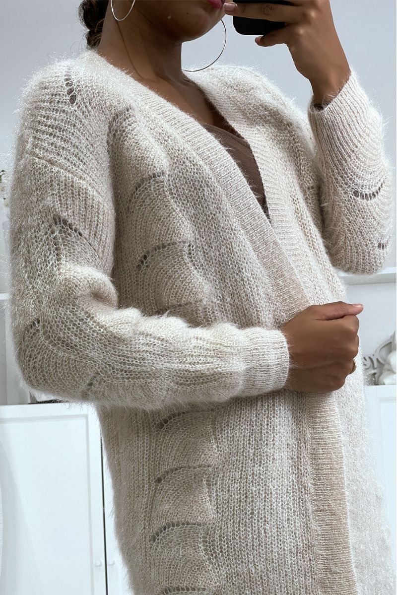 Beige mid-length cardigan with glittery mesh effect, long sleeves, straight fit