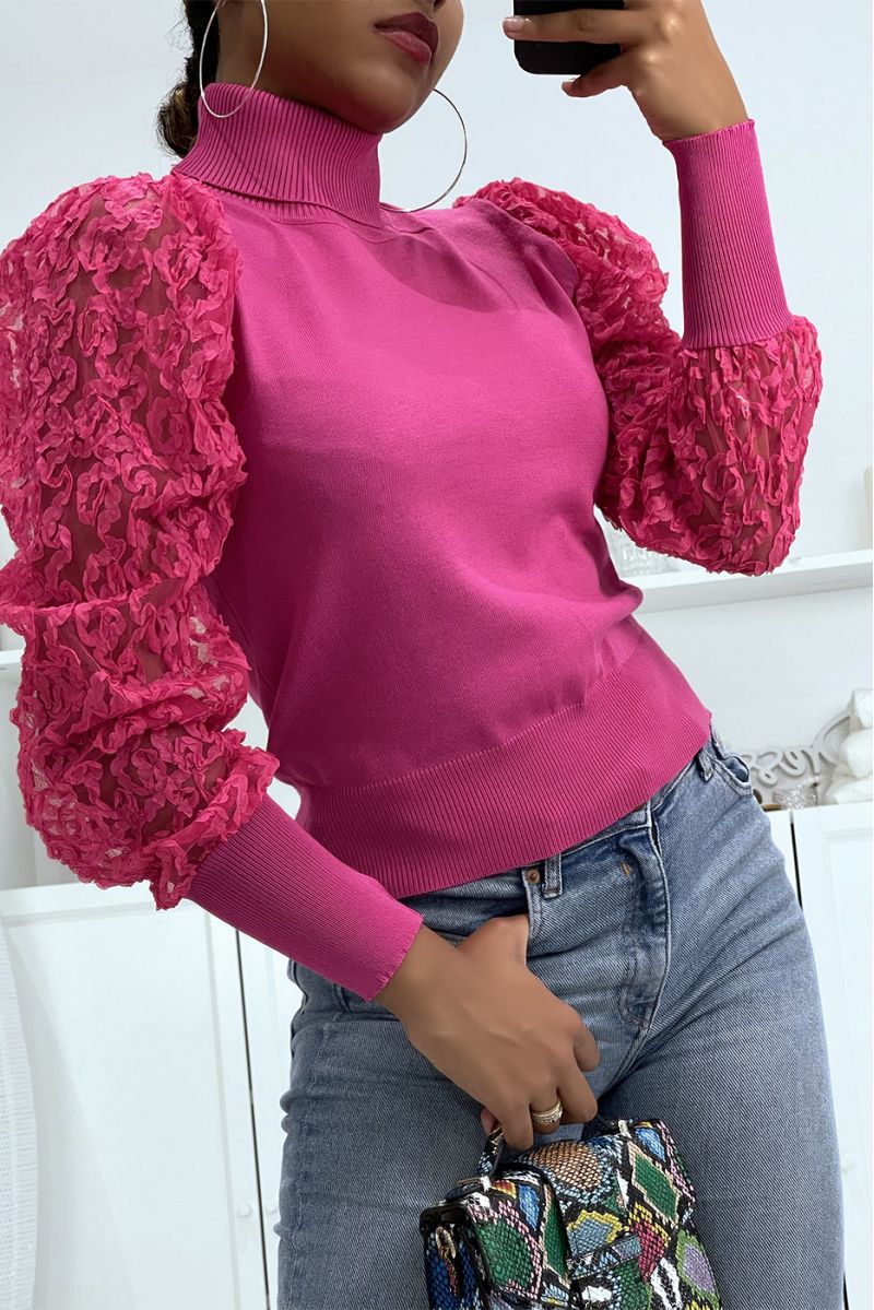 Fuchsia sweater with tulle sleeve tulle polka dots - 1