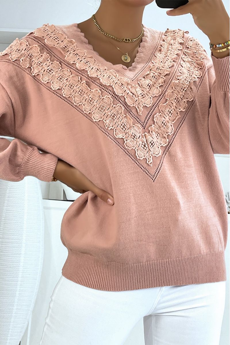 Women's pink V-neck sweater with lace pattern - 4