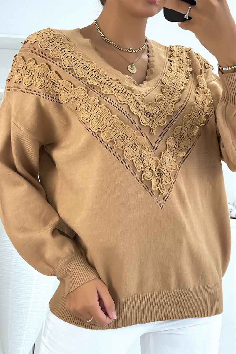 Camel sweater for women in V-neck with lace pattern - 2