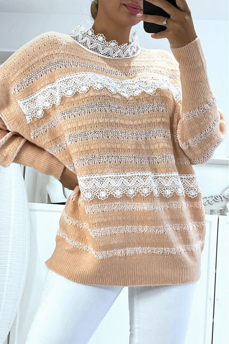 Women's pink sweater with round neck and lace - 4