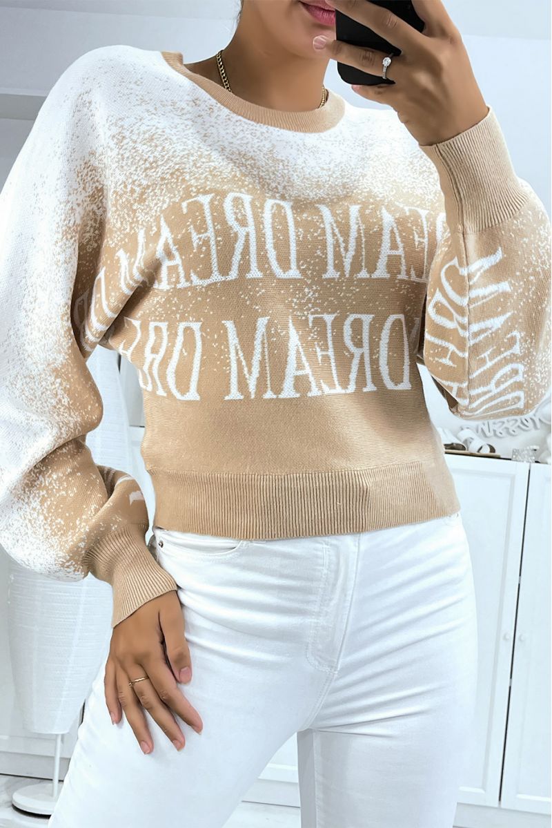 Beige sweater in stretch material with puffy effect with lettering. - 3
