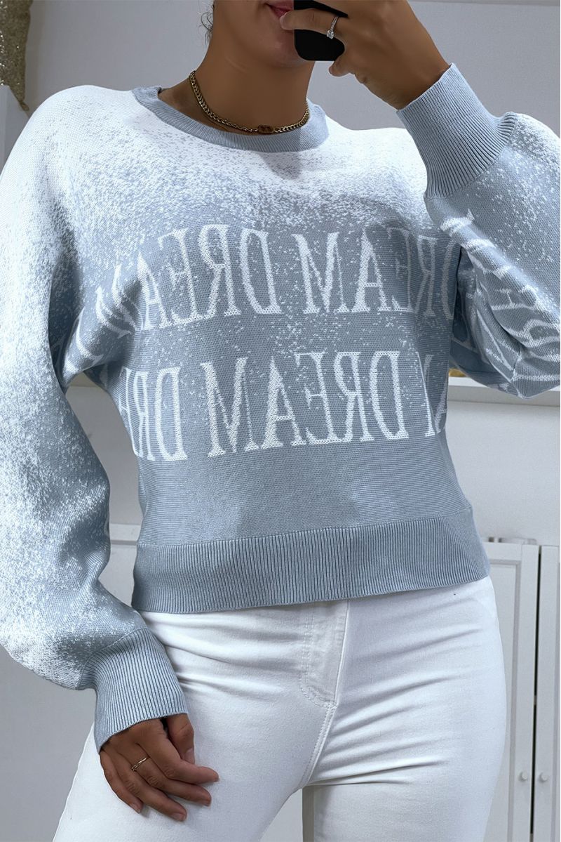 Blue white gradient sweater in puff-effect stretch material with lettering. - 2