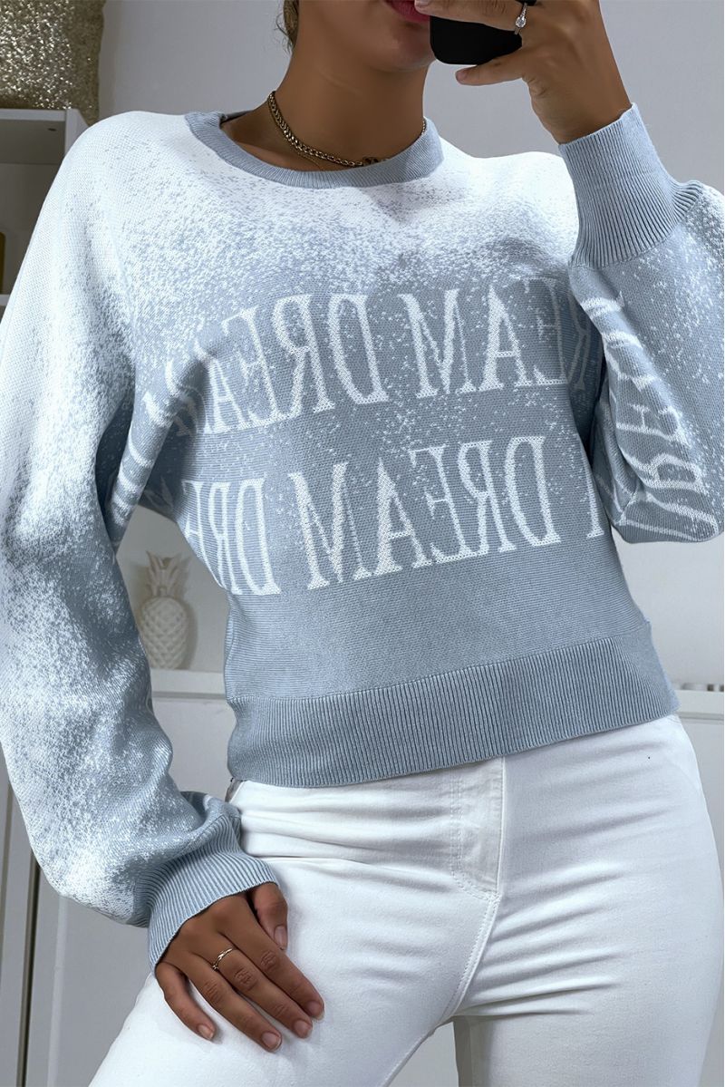 Blue white gradient sweater in puff-effect stretch material with lettering. - 3