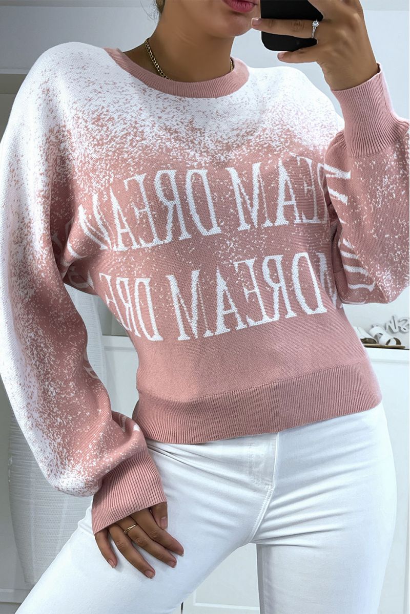 Gradient pink sweater in white stretch material with puffy effect with lettering. - 2