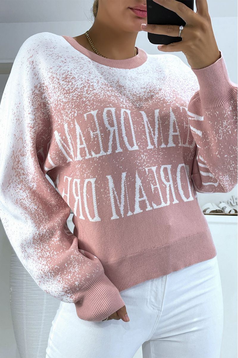 Gradient pink sweater in white stretch material with puffy effect with lettering. - 3