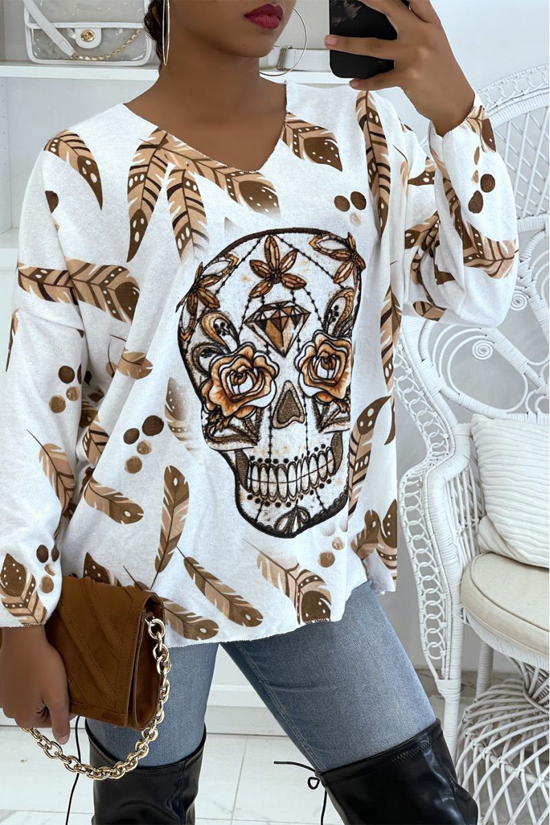 Witte, zeer zachte, lichte oversized trui met V-hals en schedelprint in grunge-stijl - 1