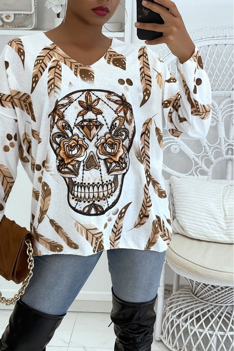 Witte, zeer zachte, lichte oversized trui met V-hals en schedelprint in grunge-stijl - 2