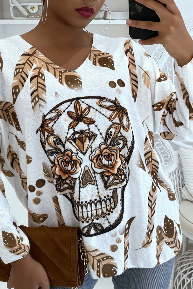 Witte, zeer zachte, lichte oversized trui met V-hals en schedelprint in grunge-stijl - 3