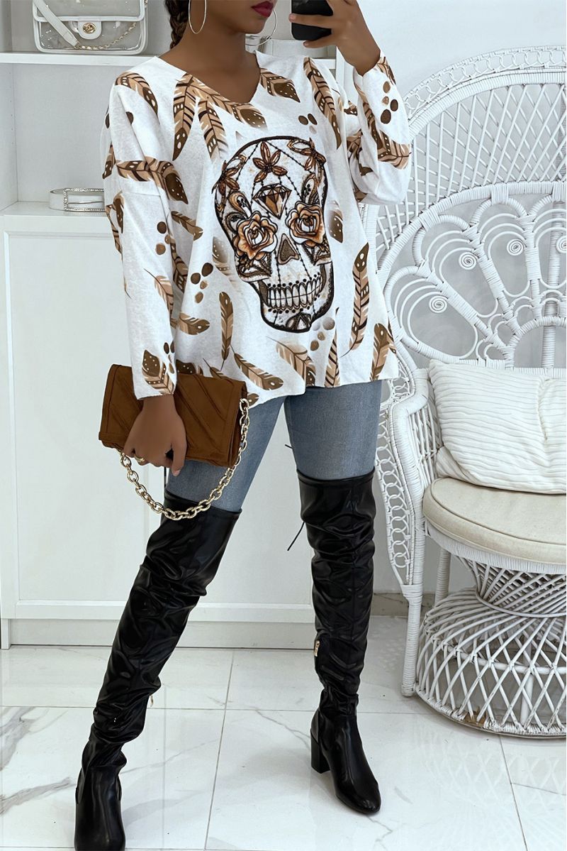 Witte, zeer zachte, lichte oversized trui met V-hals en schedelprint in grunge-stijl - 5